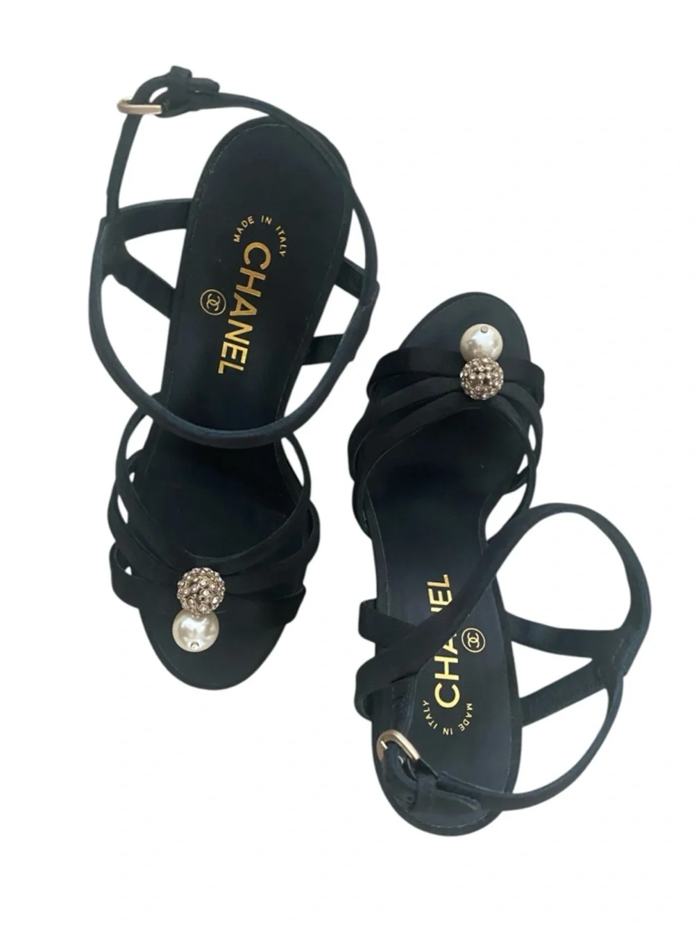 CHANEL Black Satin Strappy Heels with Pearl & Crystal Ornaments size 40